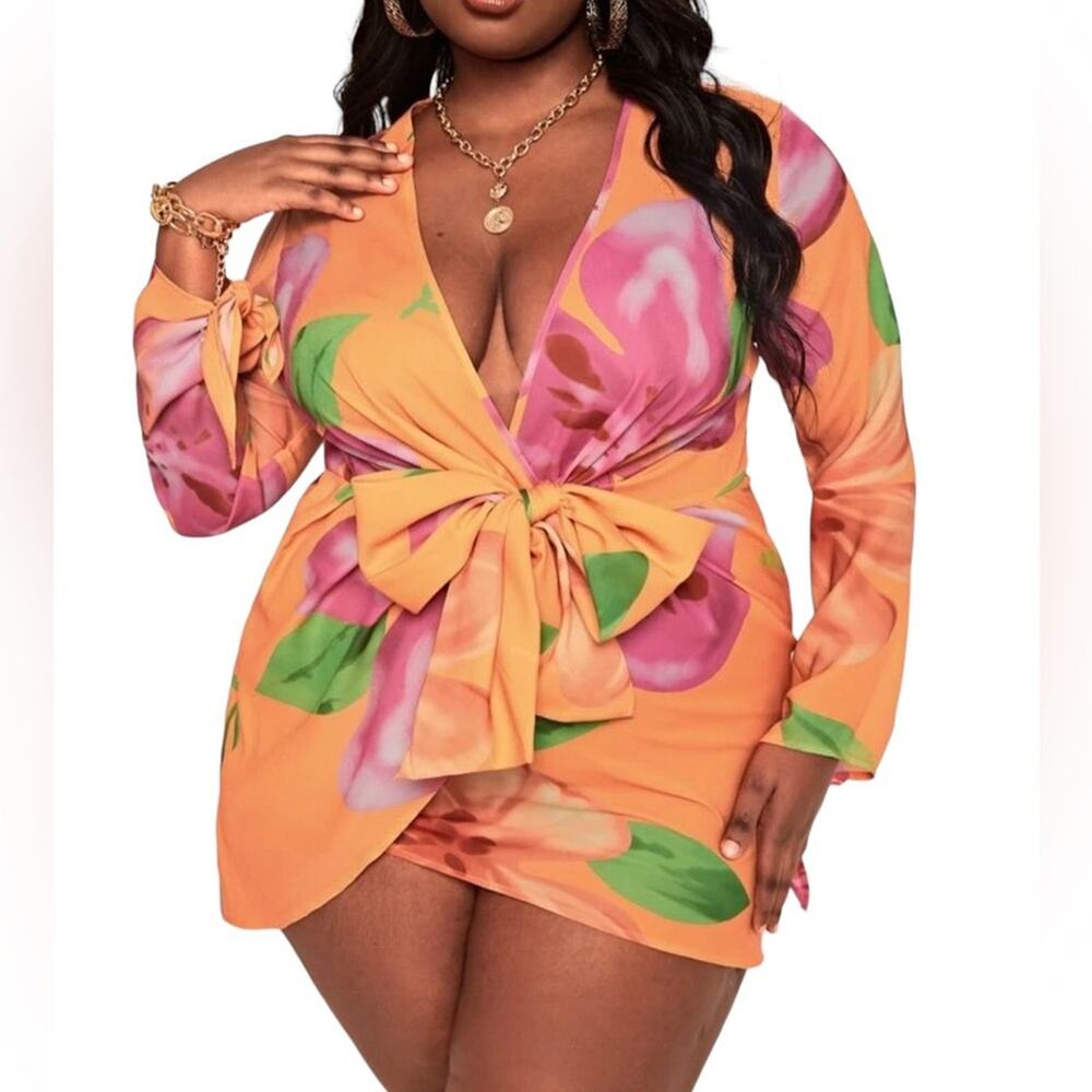 SHEIN 1X SXY Plus Size Orange Vibrant Wrap Tie Front Floral Print Mini Dress